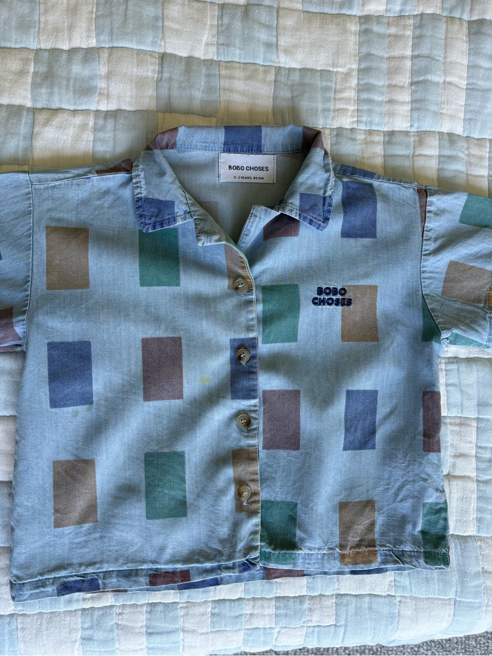 Bobo Choses Light Blue Button-Down Shirt with Multicolor Block Print